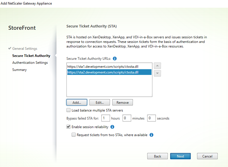 「Citrix Gatewayの追加」ウィンドウ、「Secure Ticket Authority」セクションのスクリーンショット