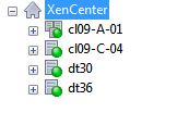 Ein Abschnitt der Ansicht Infrastruktur im Navigationsbereich. Es ist eine Baumstruktur mit XenCenter als oberstem Knoten und jedem Pool oder Server als Knoten darunter.