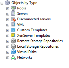 这是树结构，“对象(按类型)”位于顶部，其下方是带有以下标签的可展开节点：池、服务器、已断开连接的服务器、VM、自定义模板、XenServer 模板、远程存储库、本地存储库、虚拟磁盘、网络。