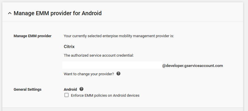 Imagem das opções do Manage EMM provider for Android