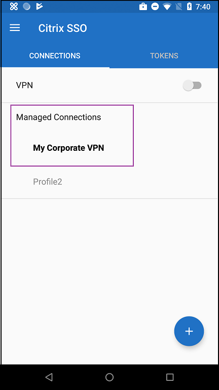 Image of Managed Connection area of SSO app on device