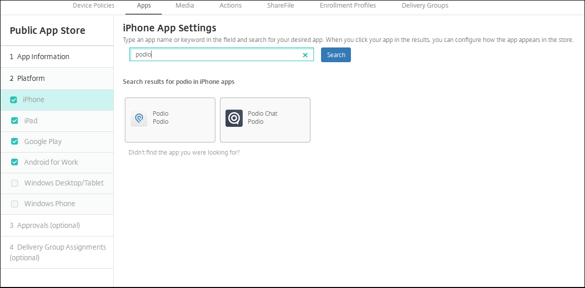 Apps configuration screen