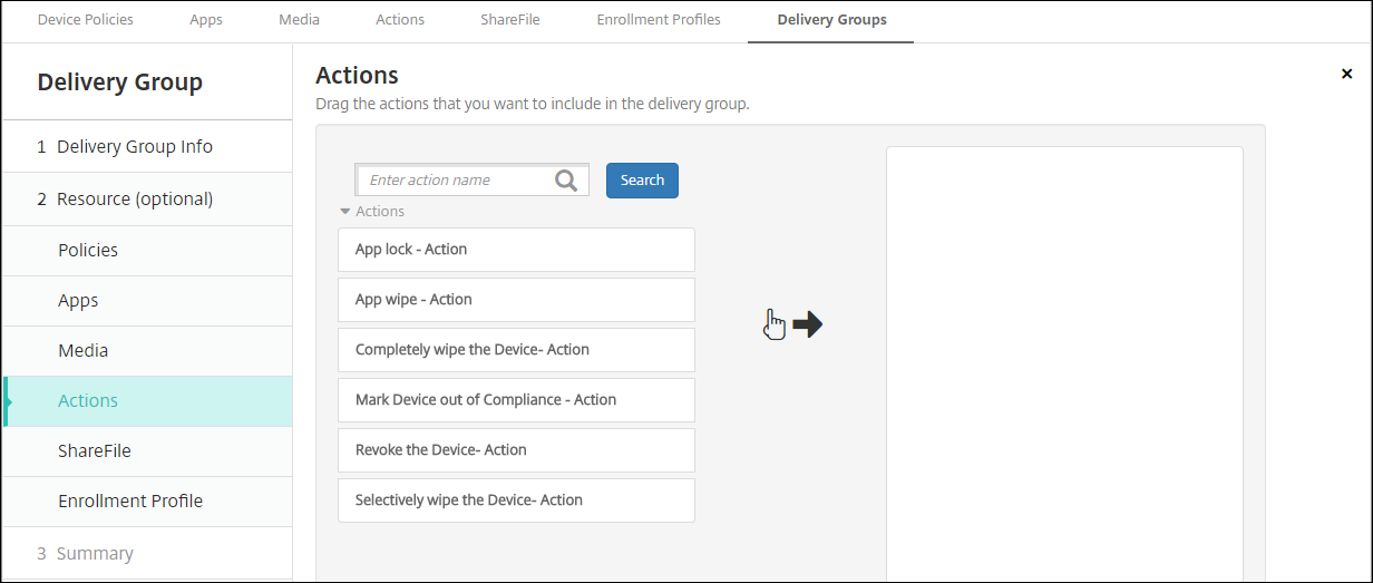 Pantalla de configuración Grupo de entrega