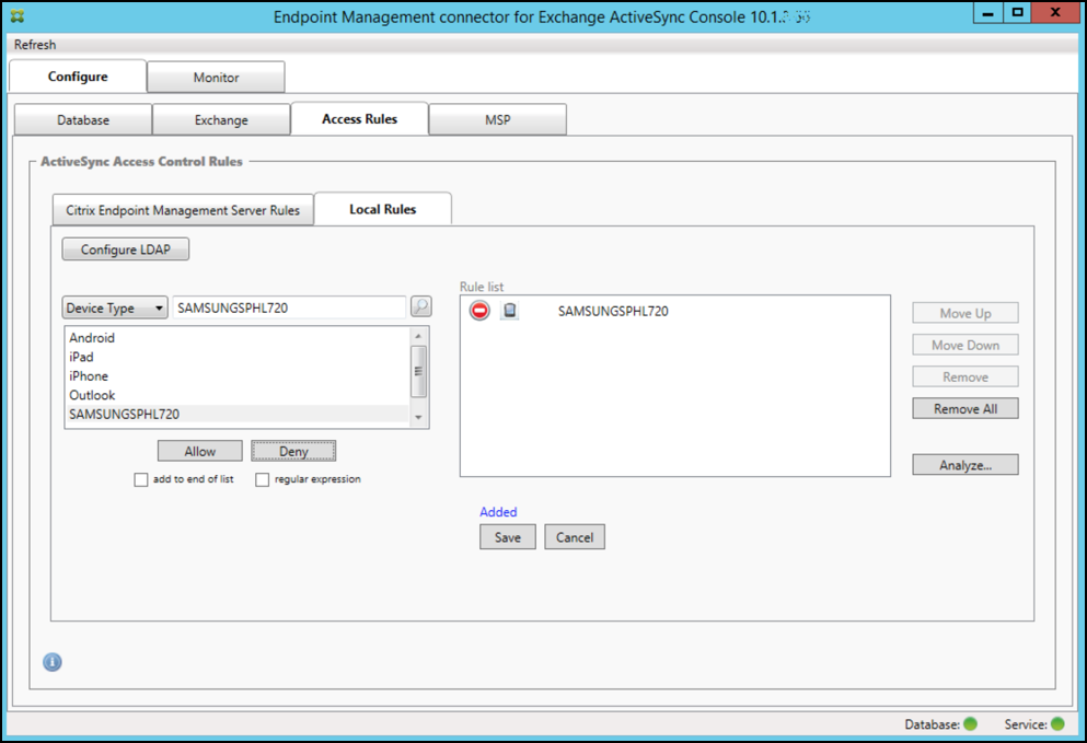 Image de la page de la console Endpoint Management Connector pour Exchange ActiveSync