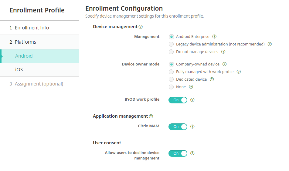 Enrollment Profile page for Android, MDM+MAM mode