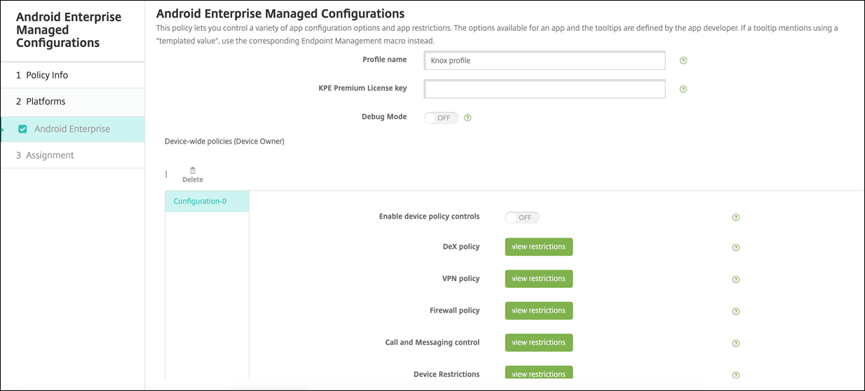 Android Enterprise managed configuration Knox service plug-in policy