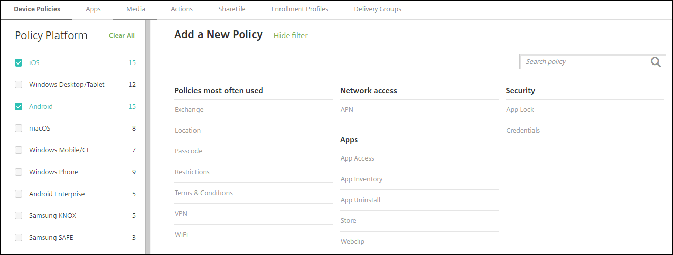 Imagem da tela de configuração de Políticas de dispositivo filtrada