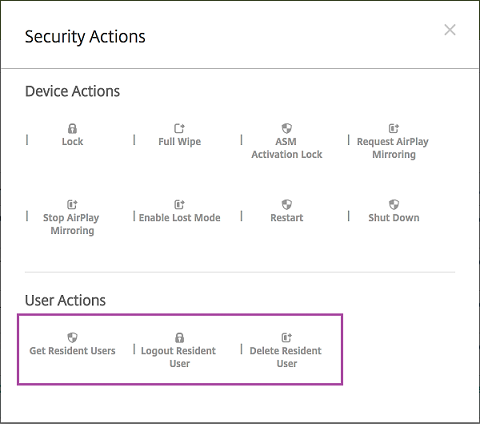 Security Actions screen
