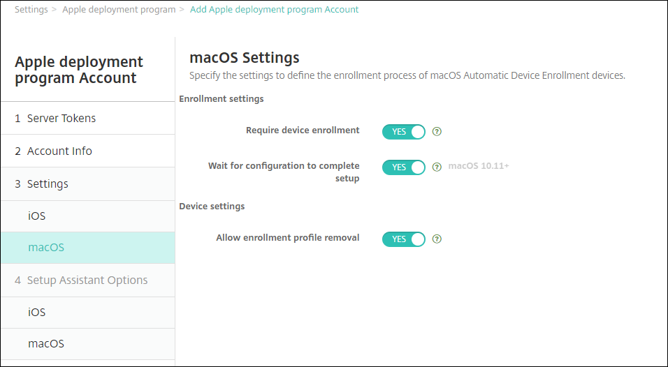Pantalla de parámetros de la cuenta del Programa de implementación de Apple