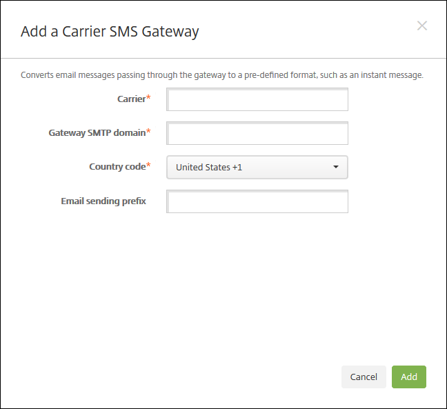 Adicionar servidor de notificação de gateway de SMS