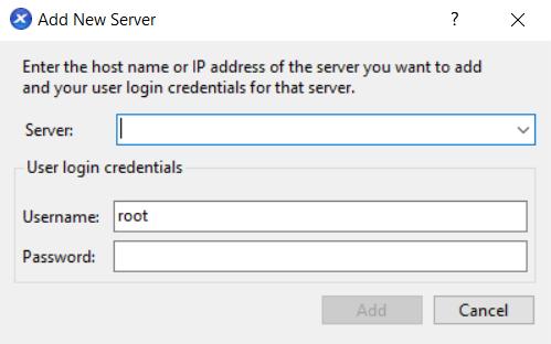 The Add New Server wizard. The fields are Server, Username, and Password.