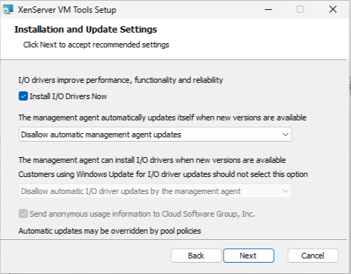 자동 업데이트 설정이 선택되지 않은 XenServer VM Tools 설치 프로그램