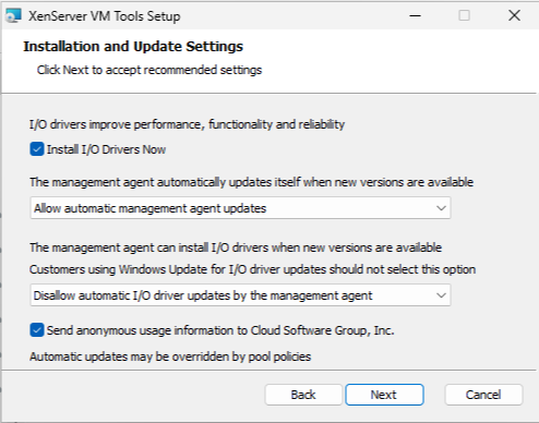 XenServer VM Tools installer with the default update settings selected
