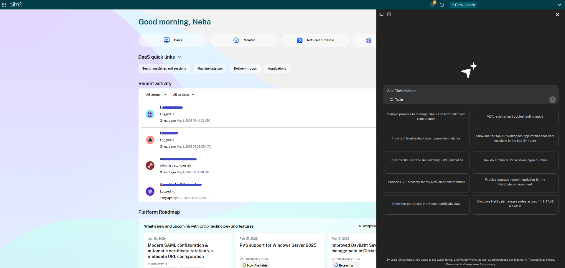Citrix Aidrien User Interface in Citrix Cloud