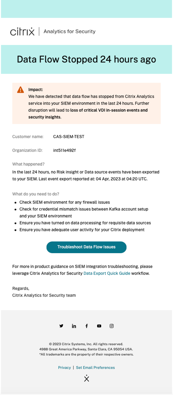 Data Flow Disruption for 30 days Email Alert