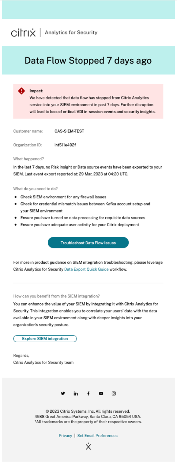 Data Flow Disruption for 30 days Email Alert1