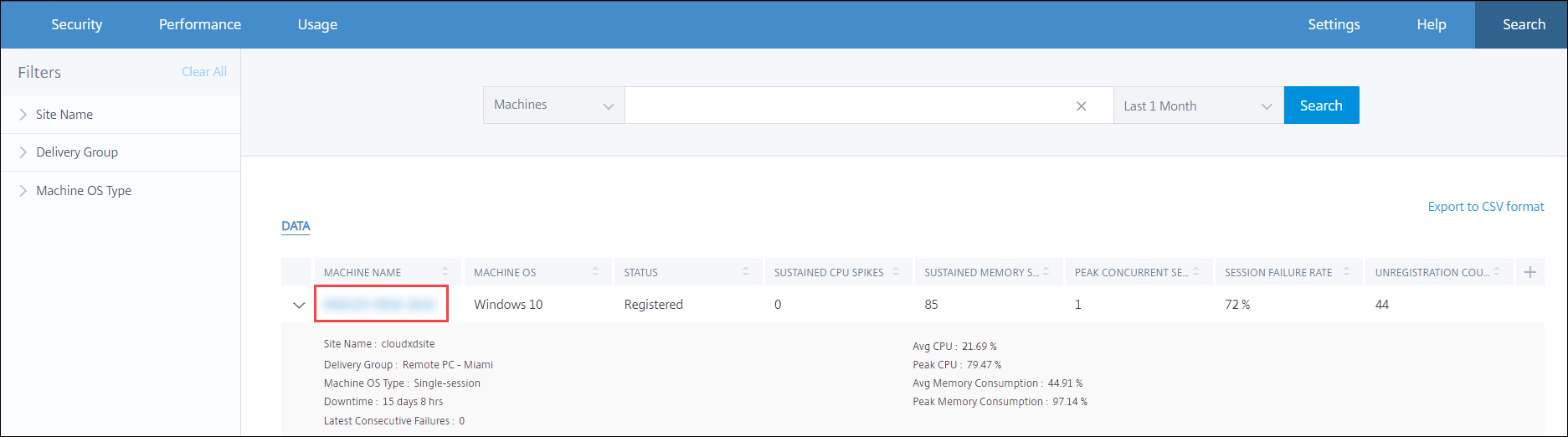 Machine Statistics view