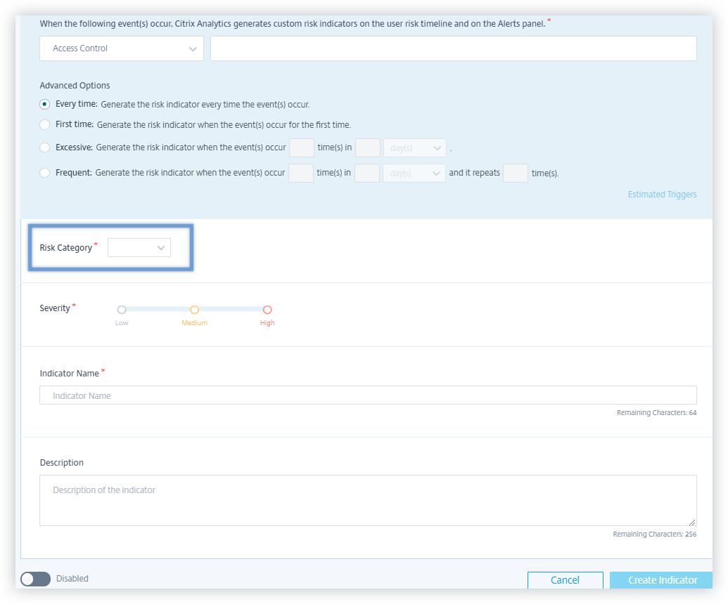 Risk categories drop-down list