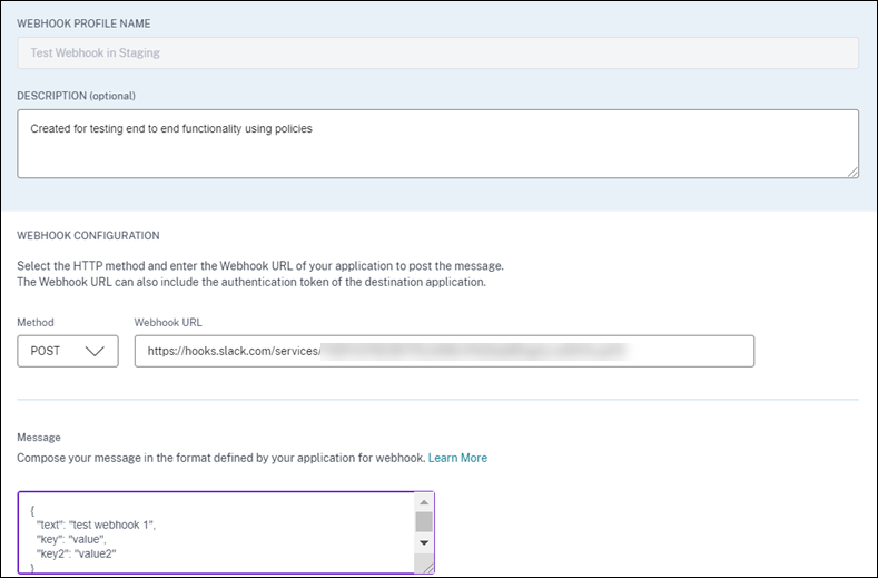 Create Webhook profile