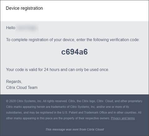 Device registration email with verification code