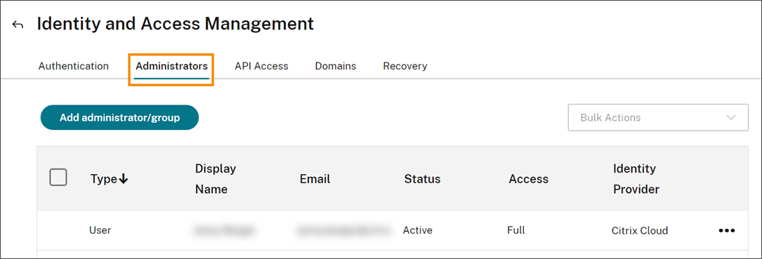 Identity and Access Management page with Administrators tab selected