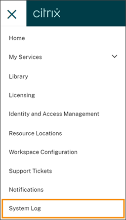 Citrix Cloud menu with System Log highlighted