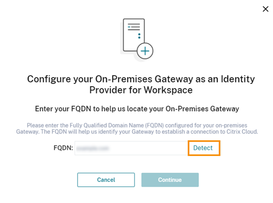 Gateway FQDN dialog with Detect command highlighted