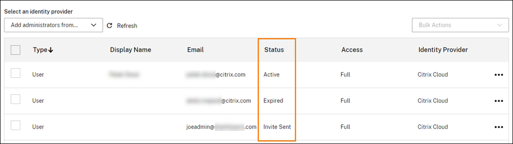 Citrix Cloud console with Status column highlighted