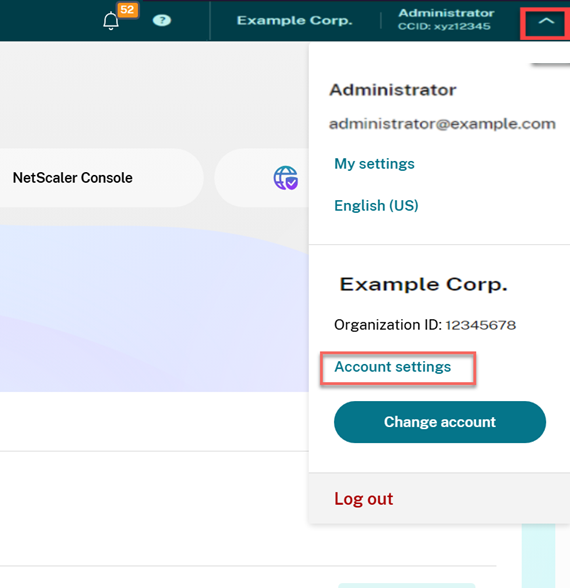 Account Settings page with OrgID highlighted