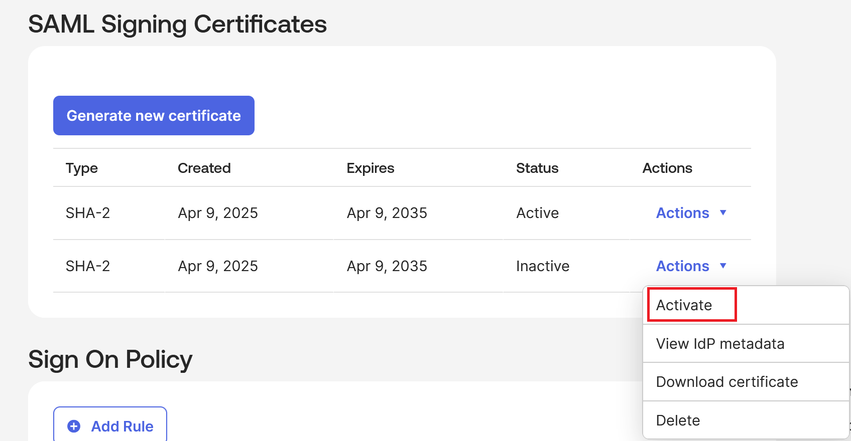 Activate Okta Cert
