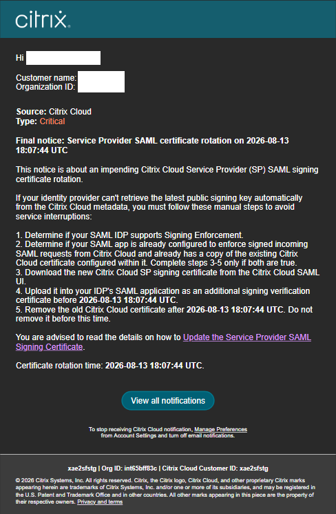 Citrix Cloud Console Notification