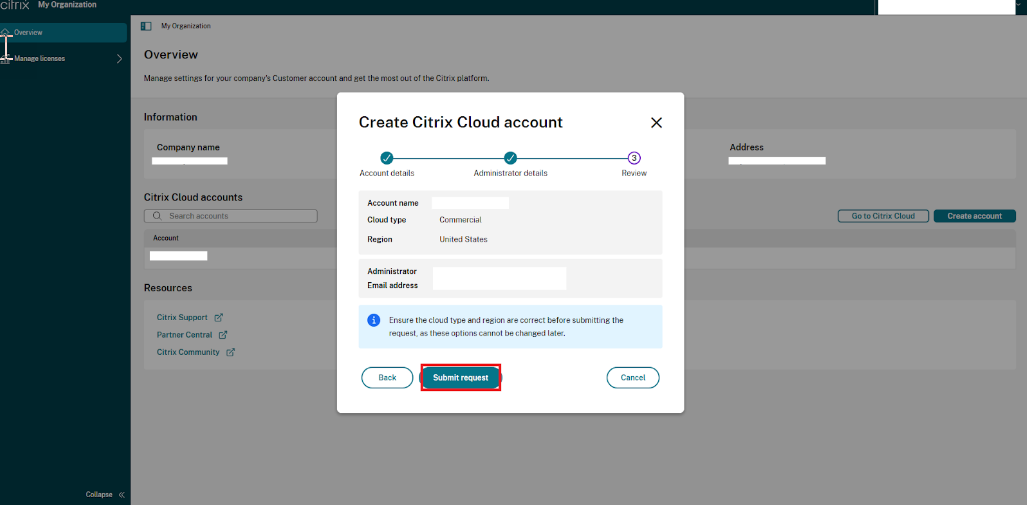 Verify Cloud account admin details