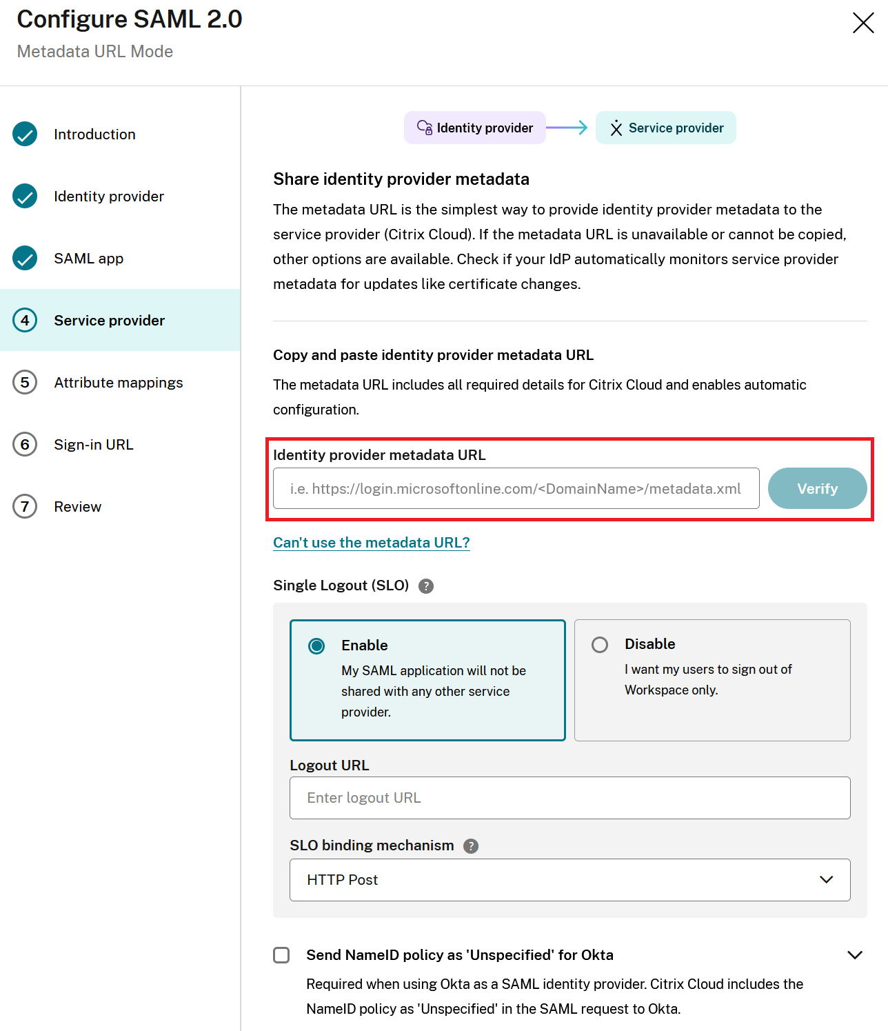 Enter Metadata URL