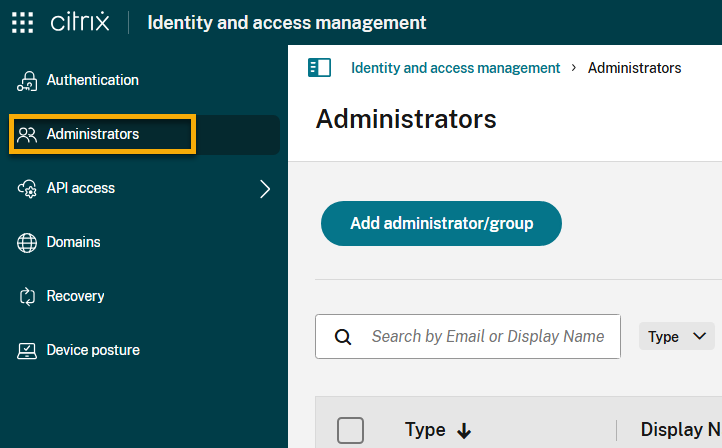 Identity and Access Management page with Administrators tab selected