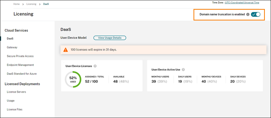 Licensing summary page with domain truncation toggle highlighted
