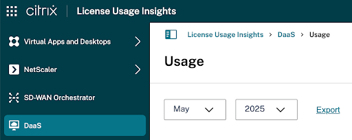 Citrix DaaS date picker with Export link highlighted