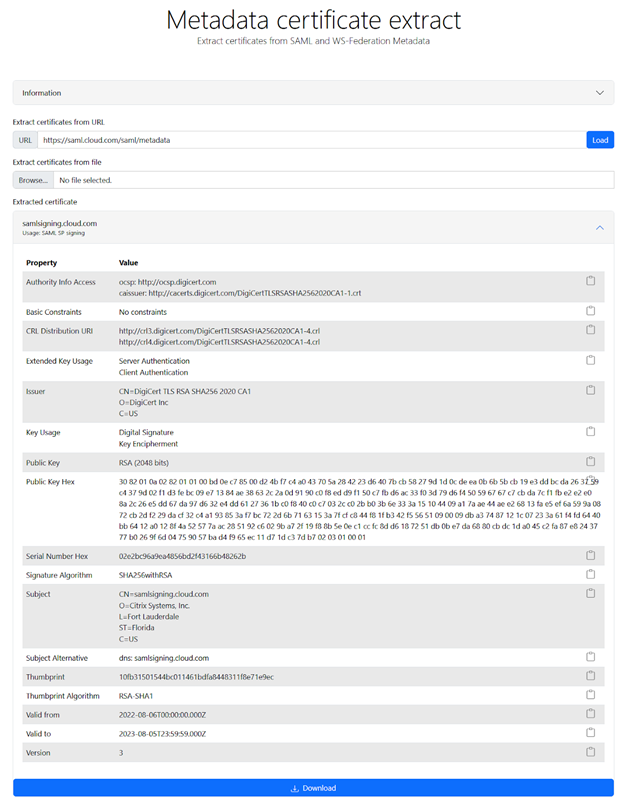 Metadata Certificate Extract
