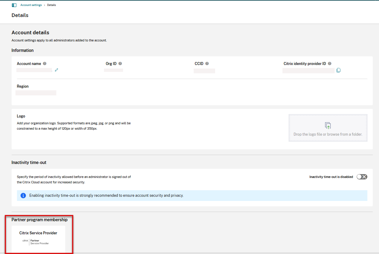 Partner account Settings page in Citrix Cloud console