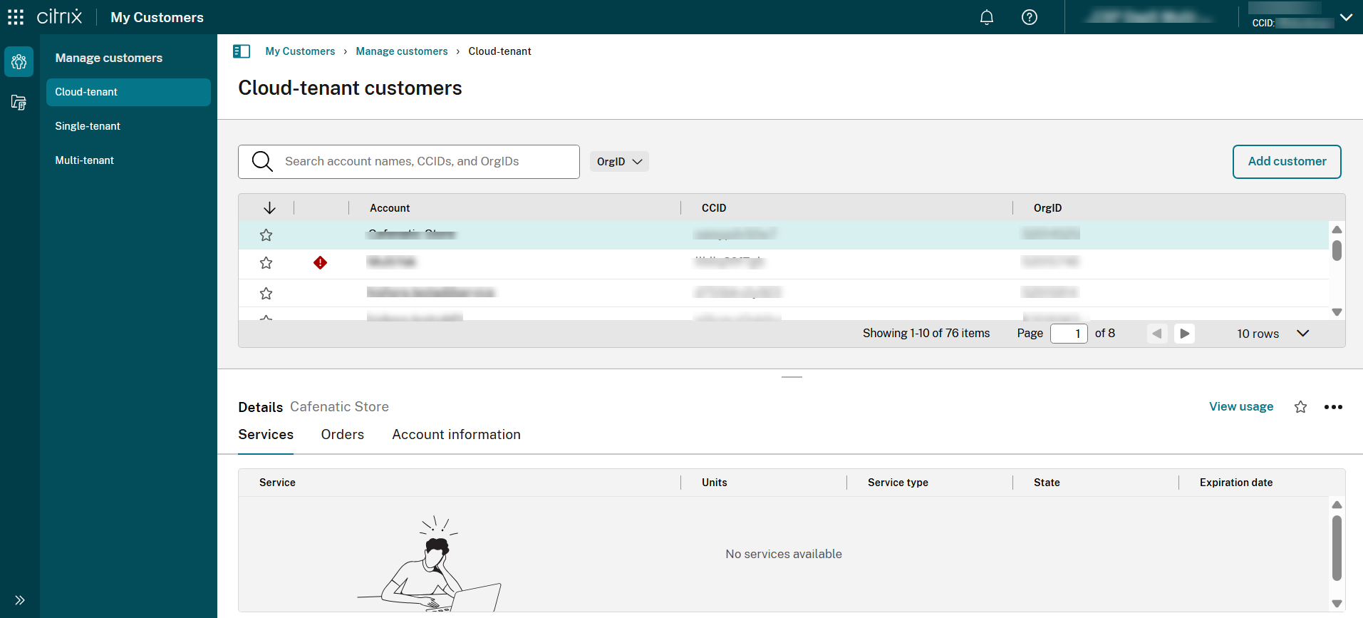 Customer Dashboard page in Citrix Cloud console