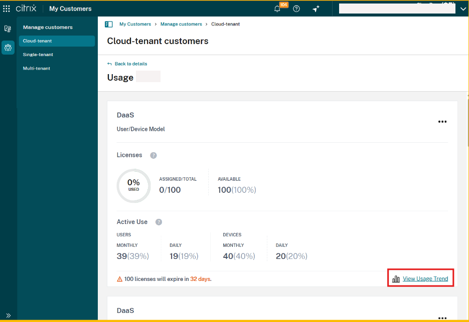 Service summary with View Usage Trend highlighted
