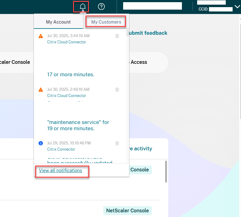 Notifications with My Customers and View all notifications highlighted