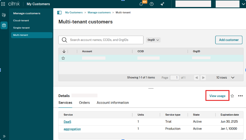Customer dashboard with licensing menu selected