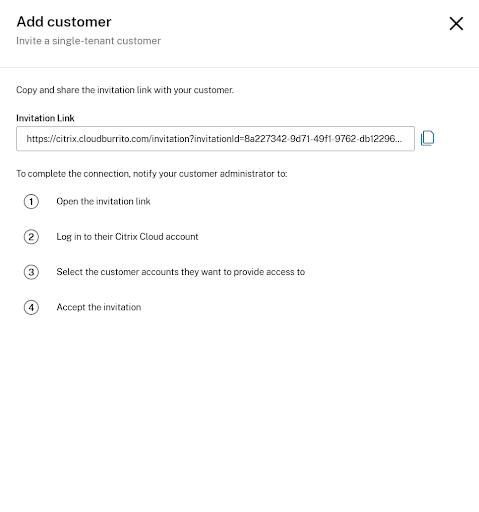 Invite Customers dialog in Citrix Cloud console
