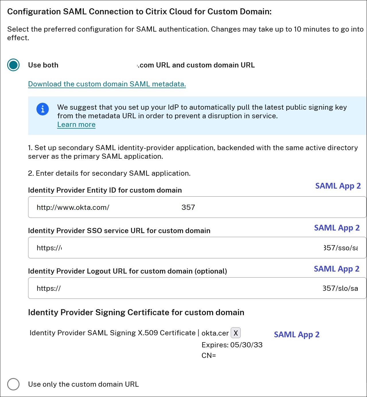 Secondary Saml App Custom Domain