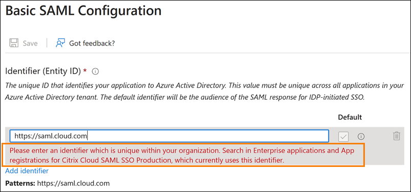 Entity ID in Microsoft Entra ID console with error text highlighted