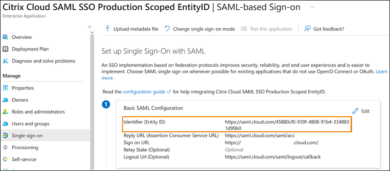 SAML application configuration in Microsoft Entra ID with Entity ID highlighted