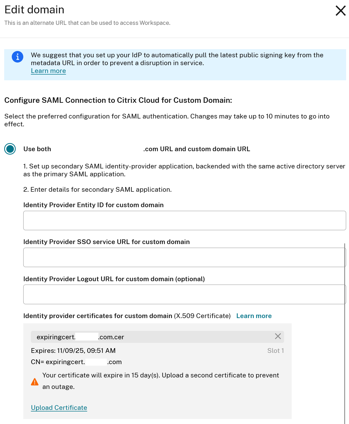 Secondary Saml cert