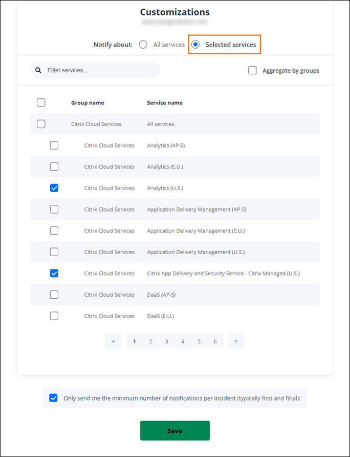 Service health subscription with services selected