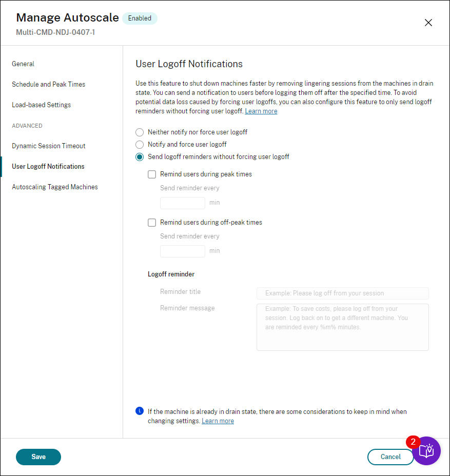 Autoscale multi-session OS - send logoff reminder