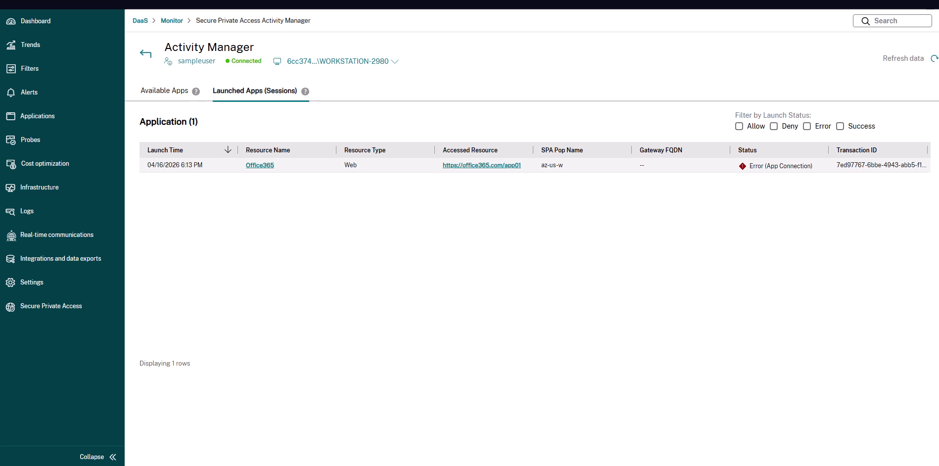 Activity Manager showing an app with an App Connection error